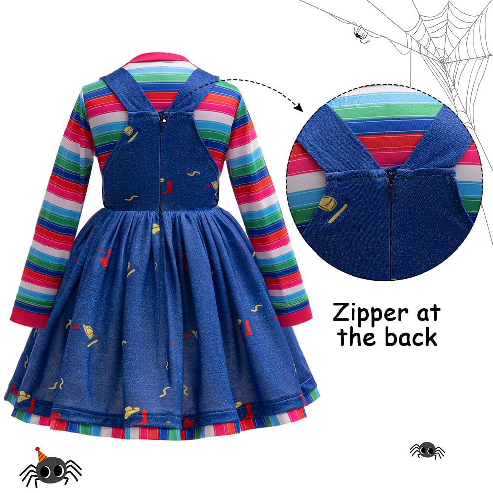 GMEDJVE Girls Halloween Killer Doll Costume for Kids Creepy Killer Doll Dress Toddler Horror Movie Cosplay Outfits Set 4PCS