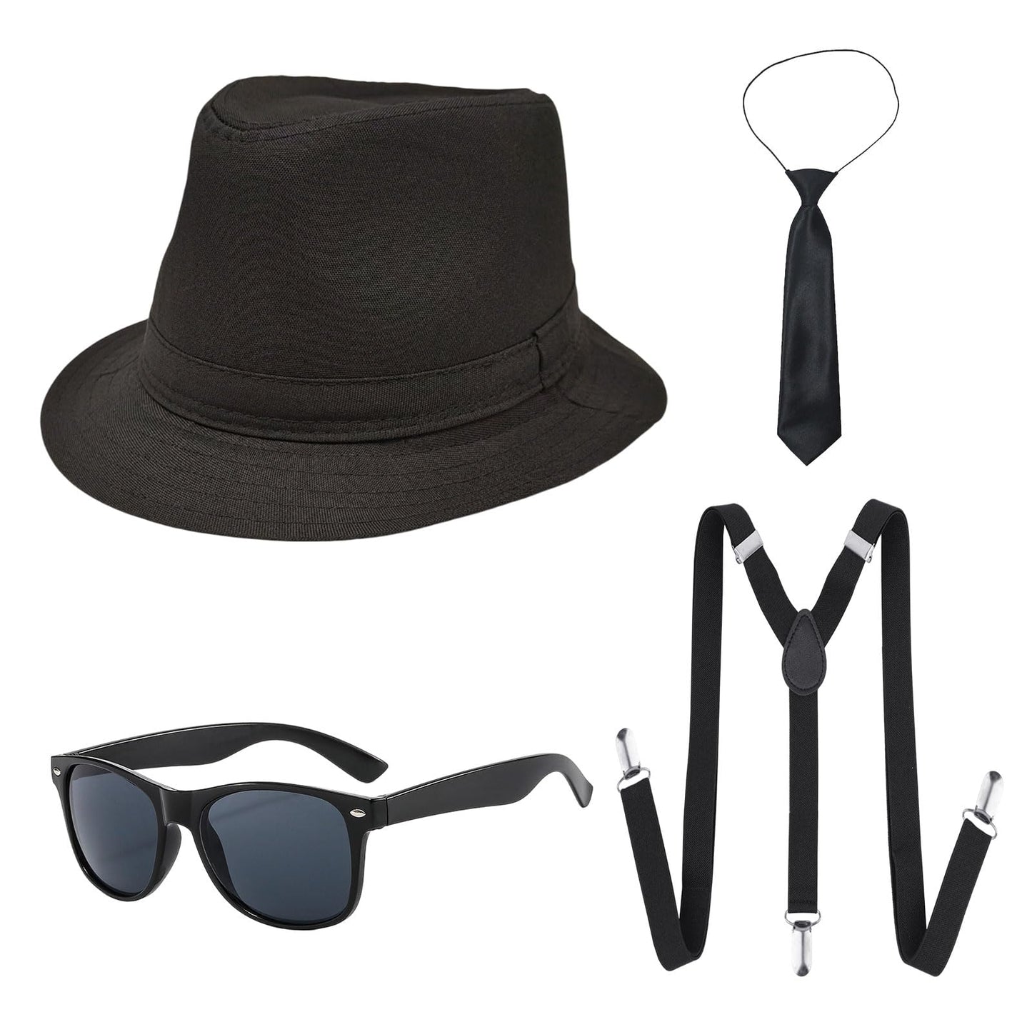 4-Piece Adult Gangster Costume Set - Black Fedora Hat - Braces