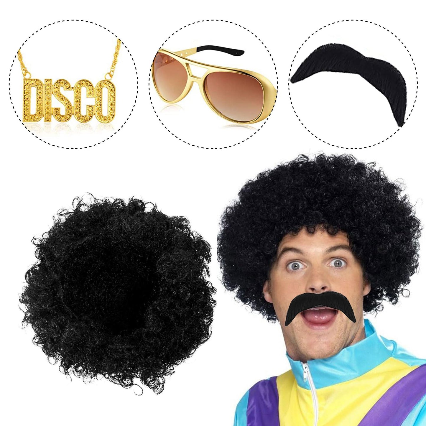 VIKSAUN 5 Pcs Disco Hippie Costume, Funky Afro Wig, Hippie Wig, Hippy Fancy Dress Men, HIppie Accessories, for 60s 70s 80s Fancy Dress Costume Disco Themed Party (5 Pcs)