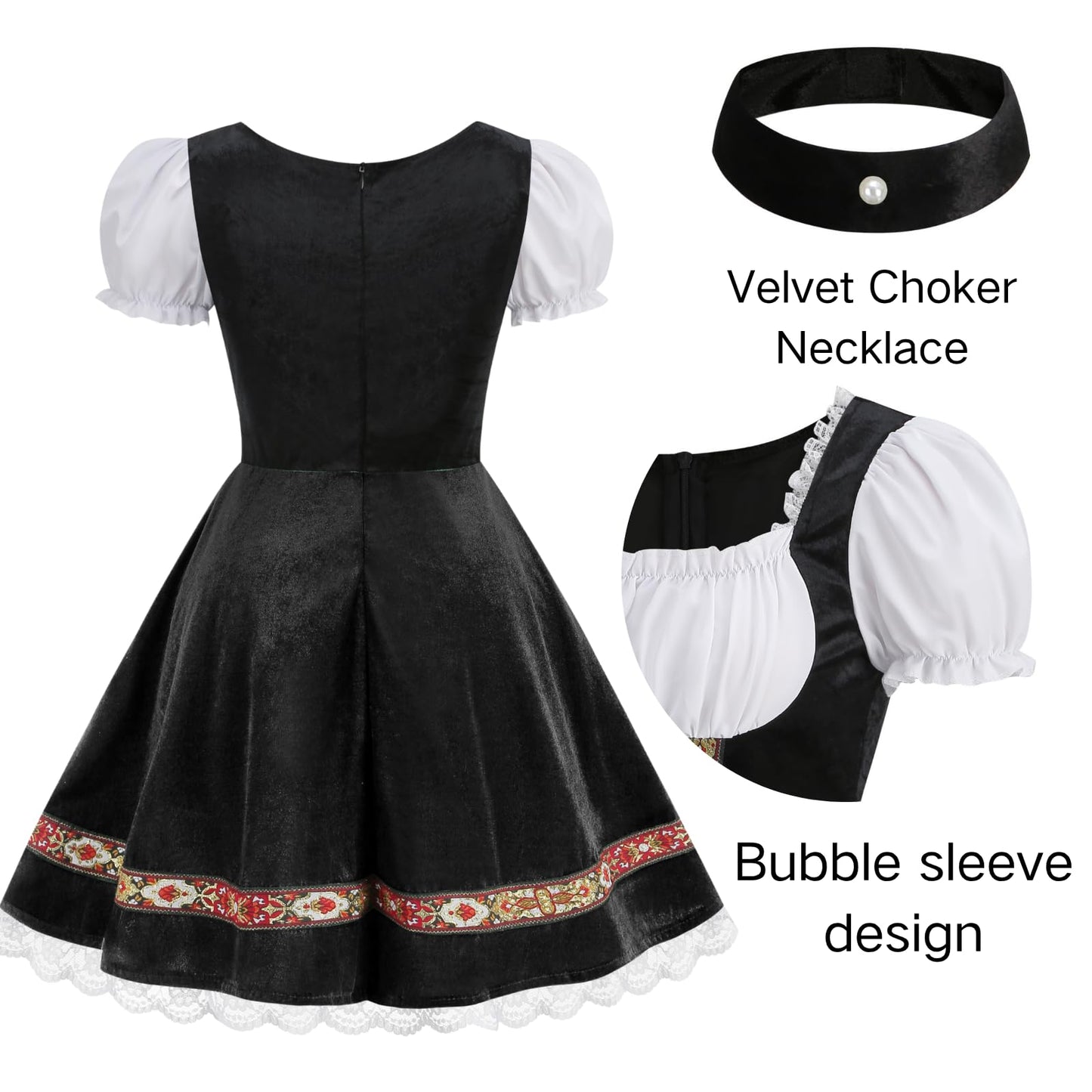 maxToonrain Oktoberfest Outfit Women Puff Sleeve Velvet Bavarian Beer Maid Dress with Foral Embroidery, Lace Trim, Apron & Choker for Halloween, Themed Parties & Beer Festivals (Black, L)