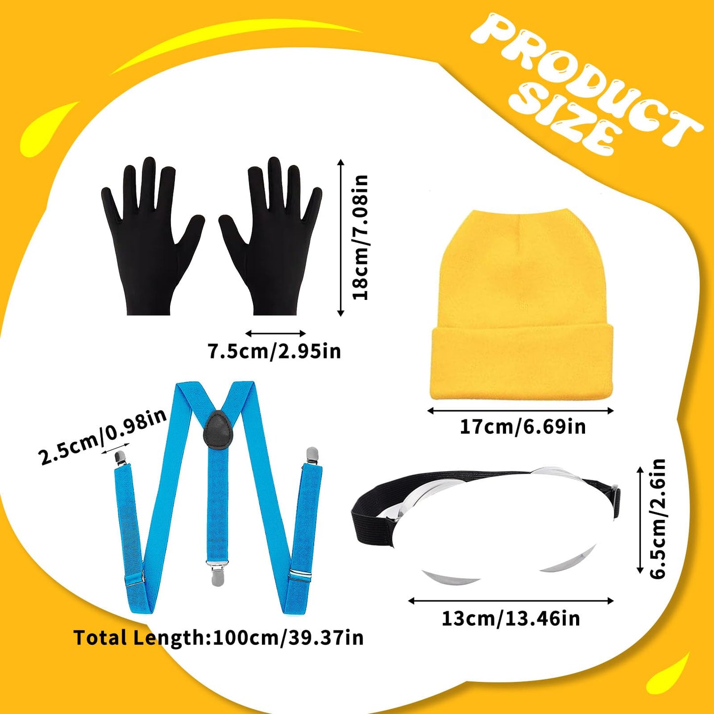 4 Pcs Adults Cosplay Costume Accessories with Yellow Beanie Knit Hat Black Gloves Grey Steampunk Goggles Glasses Blue Shoulder Strap for Halloween Cosplay Party World Book Day Dress up Outfits
