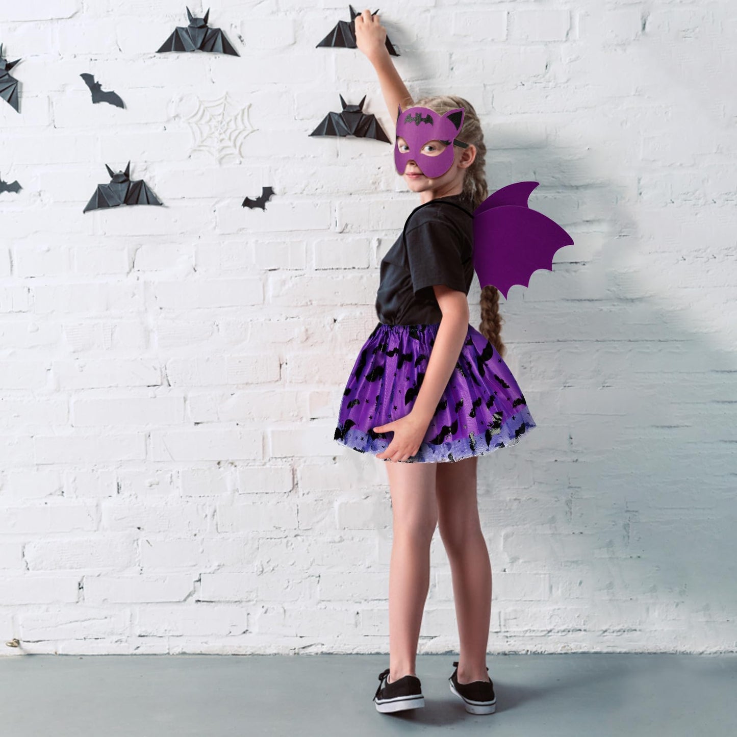 HONMOK 3 Piece Girls Bat Wings Costume, Halloween Purple Bat Fancy Dress Outfit Include Bat Tutu Skirt & Bat Eyemask & Bat Wings, for 3-10y Kids Halloween Costume Cosplay Accessories