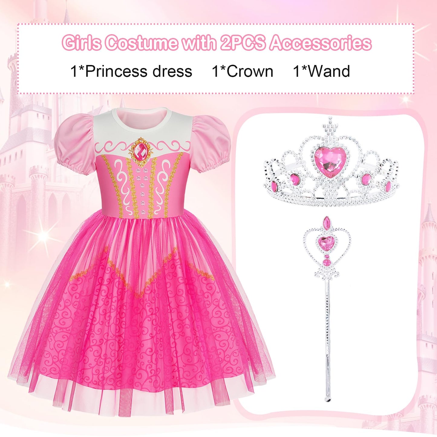 Berich Princess Costume with Crown Princess Costumes for Girls Halloween Outfits Christmas Gifts World Book Day Week Pink Dress up for Girls 4-5 Years(Pink,120)