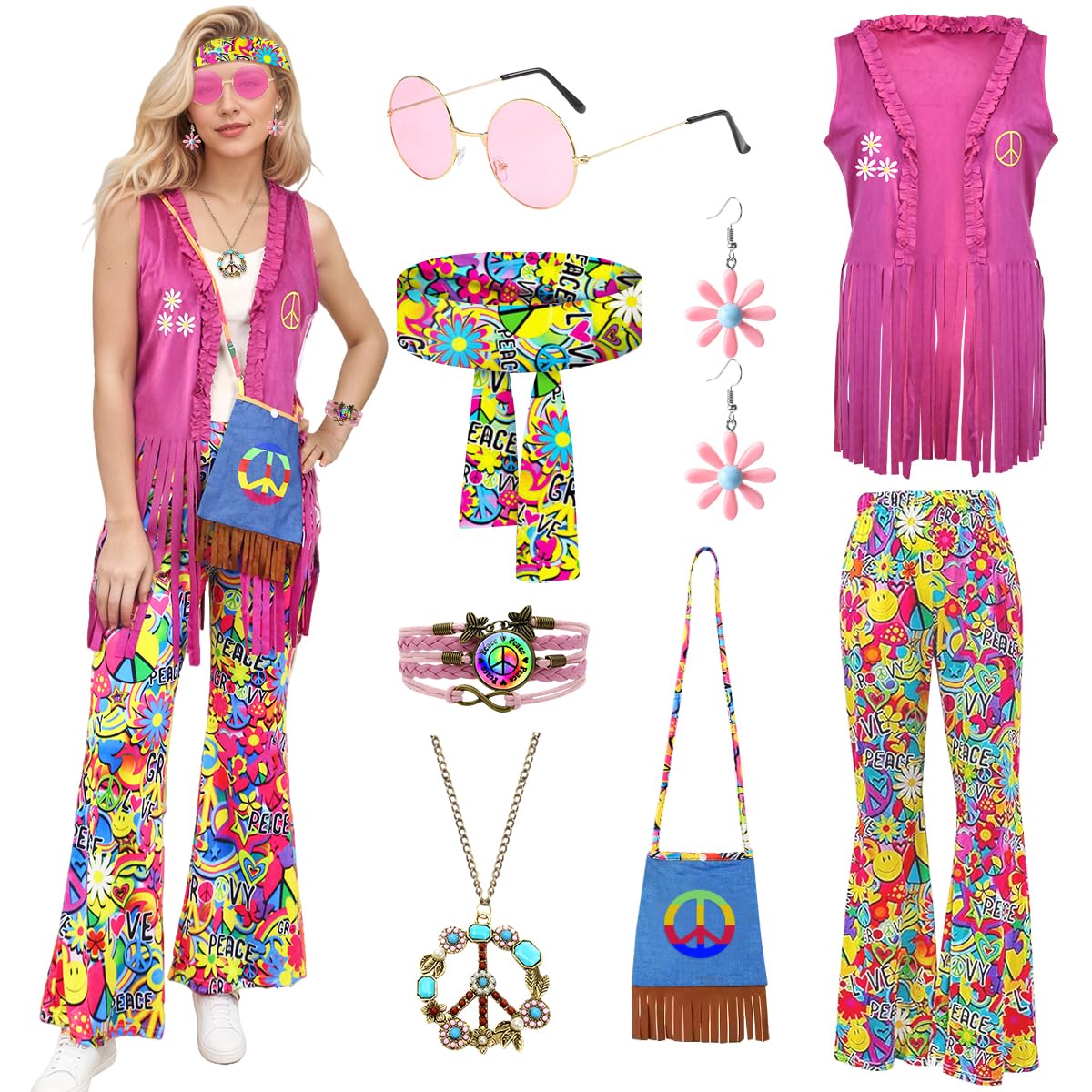 COYBTO 70s Fancy Dress Women, Hippie Costume with Fringe Vest Flared Pants Necklace Set, 60s 70s Disco Fancy Dress, 1970s Retro Hippie Outfit Hippy Clothes for Carnival Cosplay Party