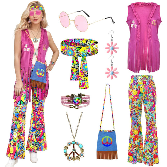 70s fancy dress women hippie costume with fringe vest