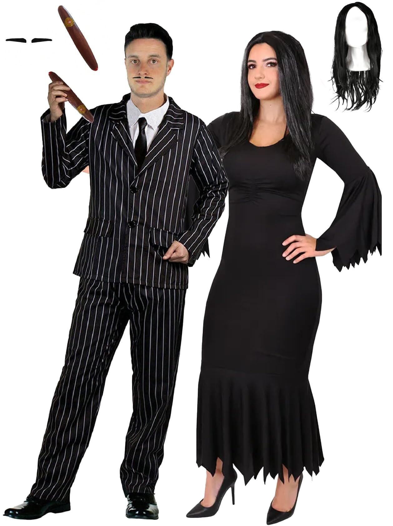 Adults Halloween Couples Costume - L + L - Pinstripe Suit Jacket & Trousers, Spiv Tash and Cigar, Ragged Black Dress and Long Black Wig - Adults Deluxe Couples Halloween Fancy Dress Costume