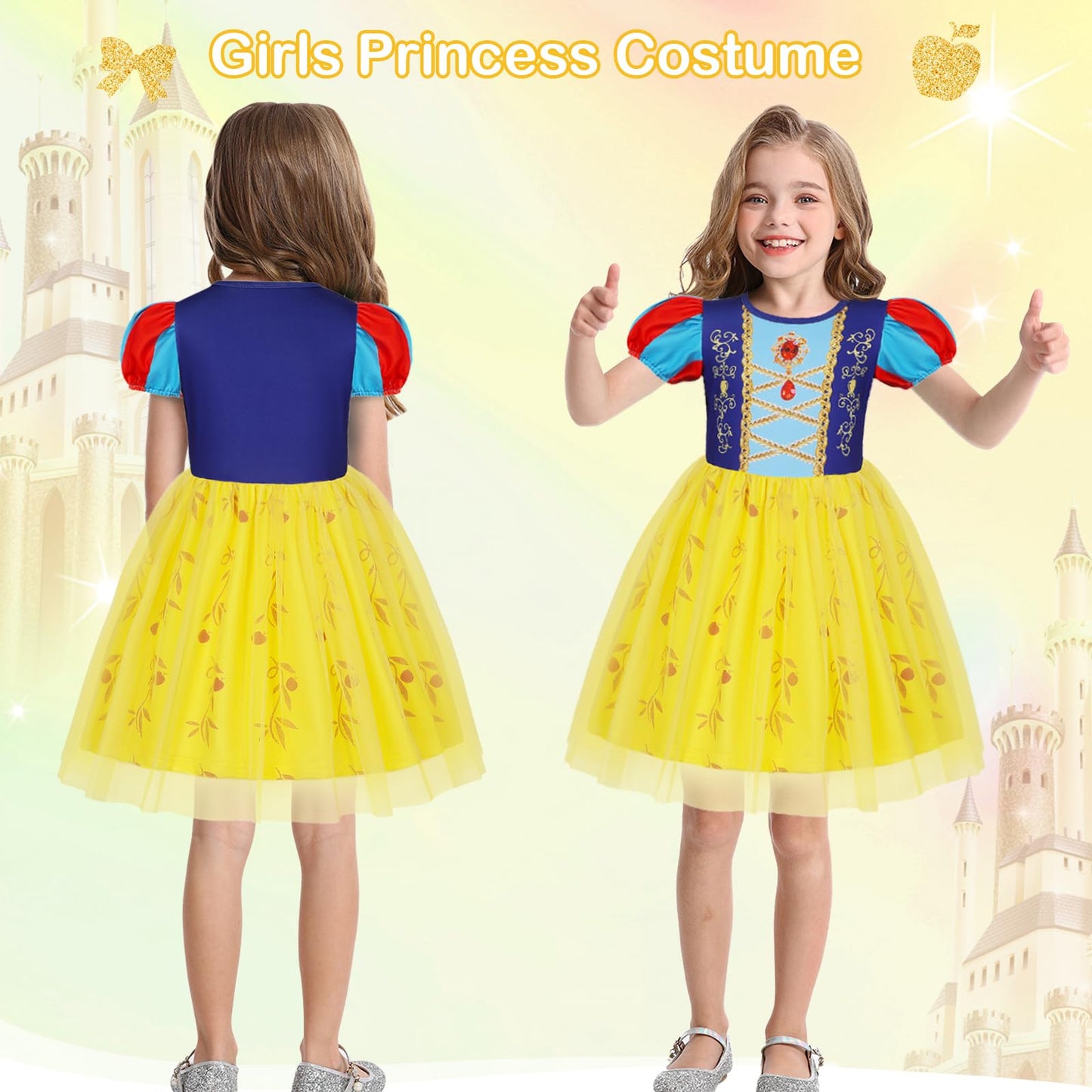 Berich Yellow Princess Costume with Headband Princess Dress up Halloween Christmas Gifts World Book Day Costume Kids Dress up 4-5 Years(Yellow,120)