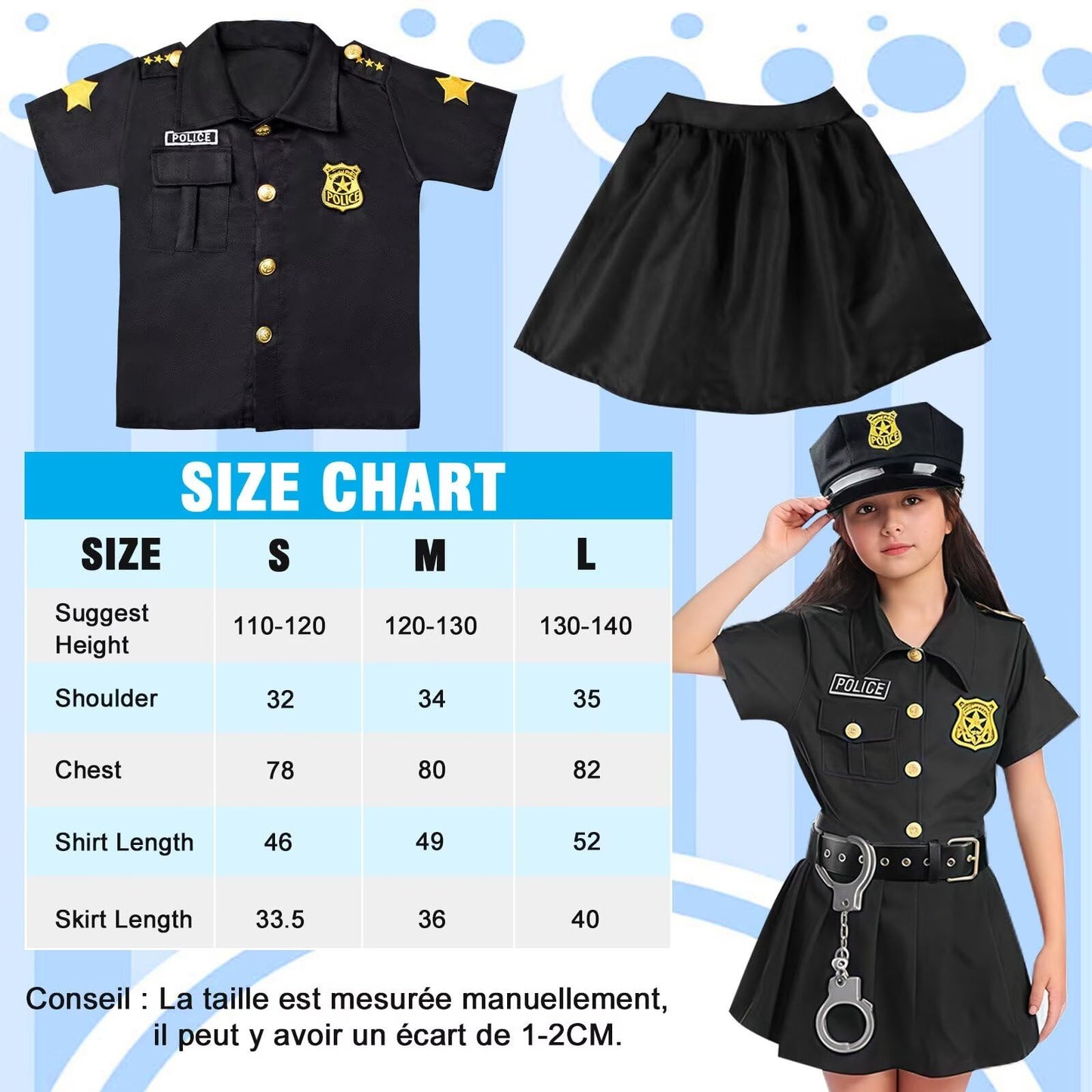 Luckyou Kids Costume Police for Girls Police Uniform Outfit with Accessories Whistle Handcuffs Fancy Dress Up for Carnaval Halloween Cosplay Black-M