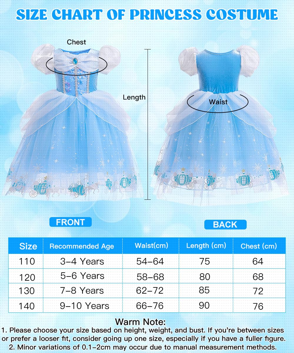 Princess Costumes for Girls, Cinderella Dress Up for Girls with Crown Fairy Wand Necklace Sets, Cinderella Princess Dress Long Skirt, Kids Fancy Dress for Carnival Party Bridesmaid Cosplay (A, 120)