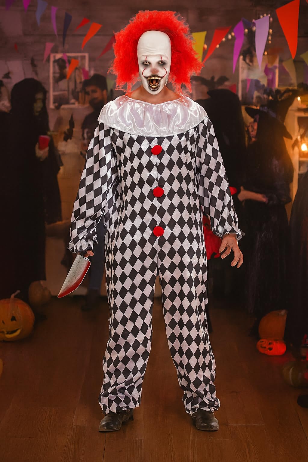 Scary Clown with Wig Halloween Fancy Dress Costume (image 3)