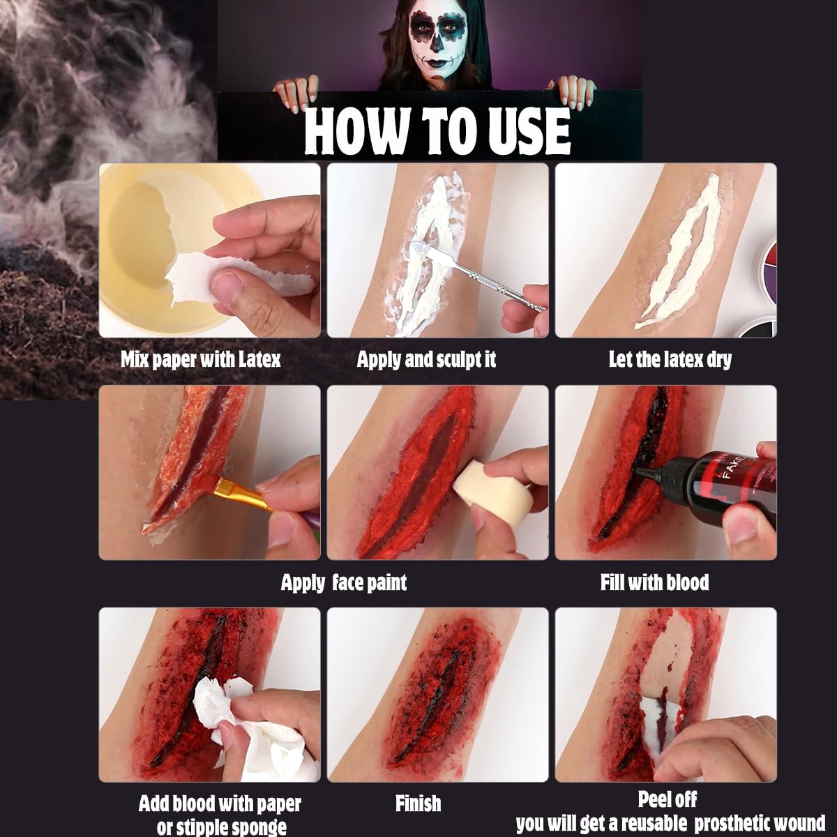 Bowitzki Professional SFX Makeup Kit – Special Effects Makeup Kit with Fake Blood, Coagulated Blood, Liquid Latex, Bruise & Zombie Face Paint for Halloween, Cosplay, Horror FX, Theater