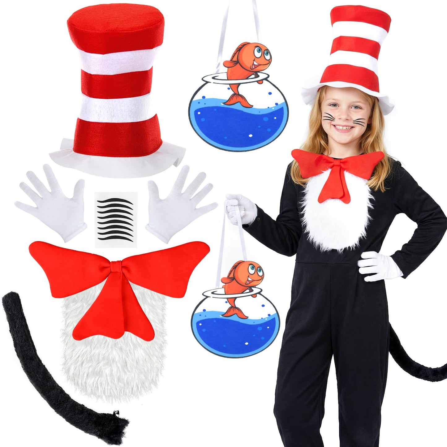 Cat Costume Set Red & White Hat Bow Tie Tail Fake Fish Tank - Cat