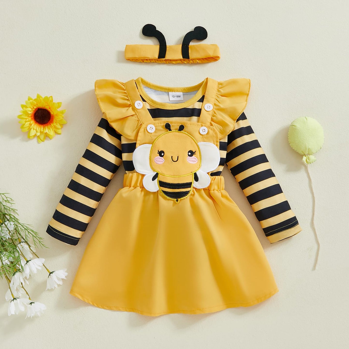 CocMouse Infant Girl Fall Outfits Baby Girl Romper Cartoon Bee Ruffle Suspender Skirt Bow Headband 3 Pcs Set 0-18 Months (Yellow, 0-3 Months)