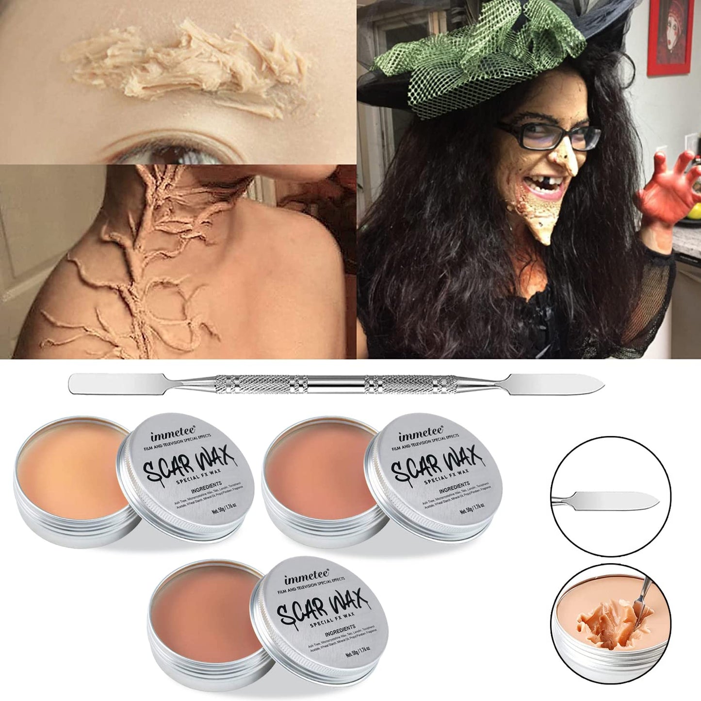 immetee SFX Makeup Kit, Halloween Special Effect Face Body Paint Stage Makeup, Face Paint Palette+3 Scar Wax+1 Fake Blood+4 Paint Brushes+1 Paint Spatula+1 Face Paint Sponge+1 Paint Palette.
