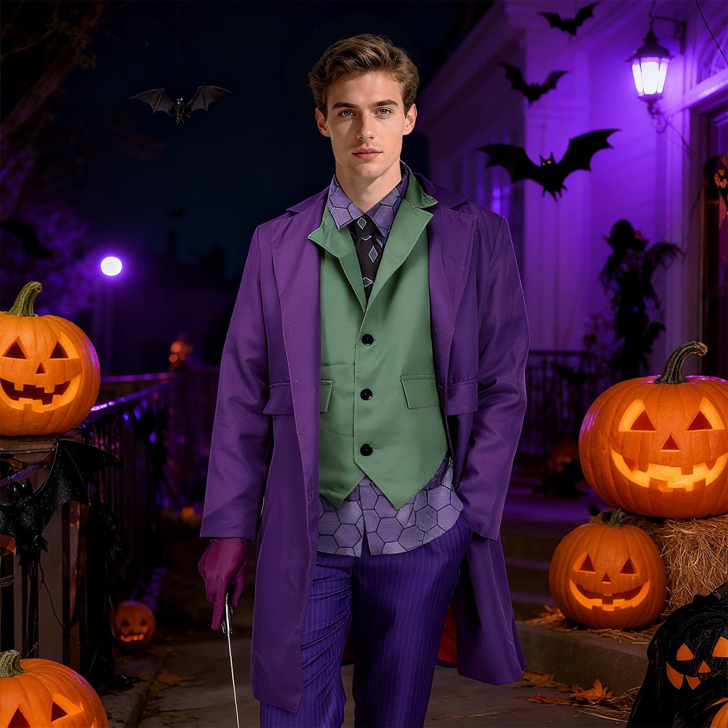 Adult Men Joker Clown Costume Purple Cosplay Outfits Coat Shirt