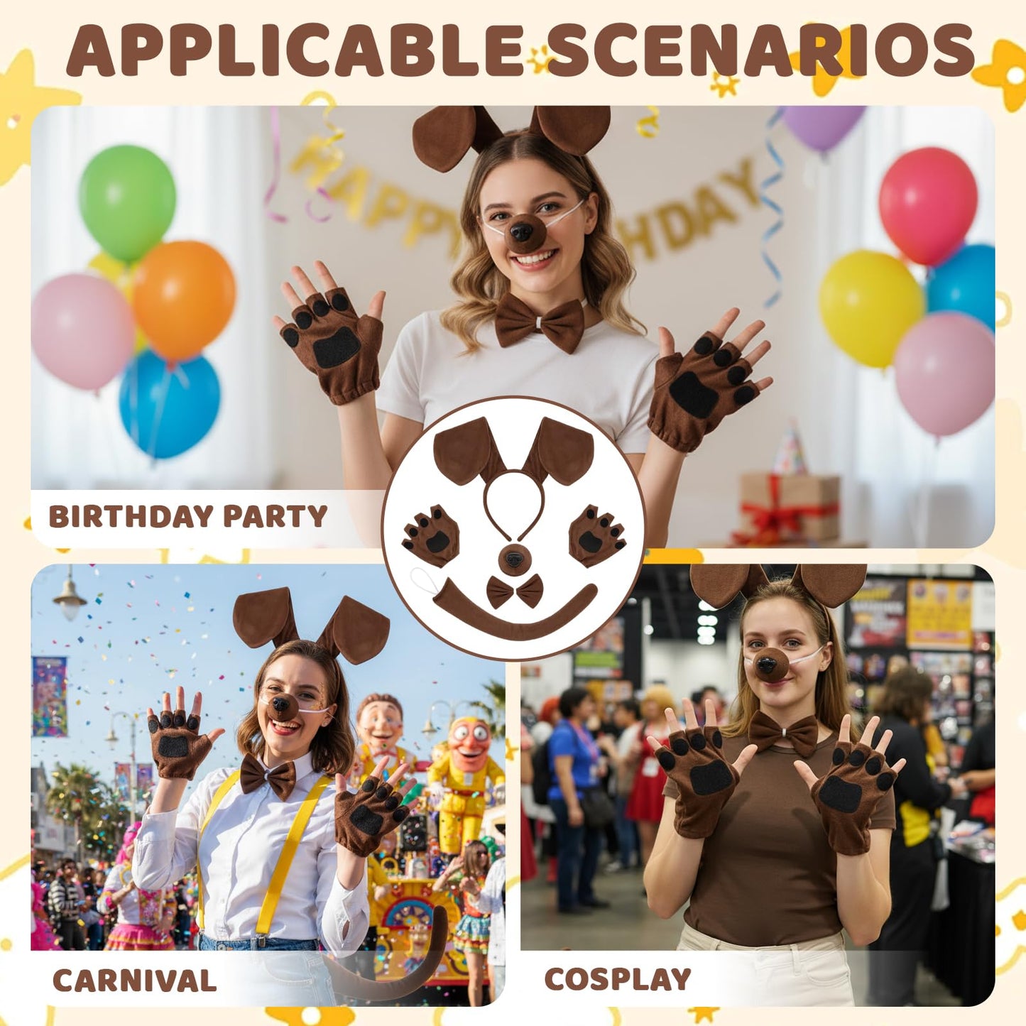 Dog Ears Headband - Five-Piece Dog Costume Set for Adults and Kids