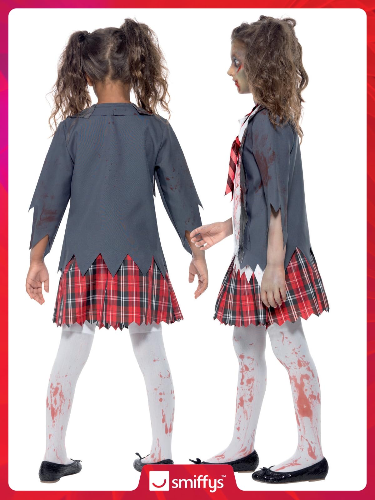 Smiffys Zombie School Girl Costume, Grey with Skirt, Jacket, Mock Shirt & Tie, Halloween Child Fancy Dress, Zombie Dress Up Costumes