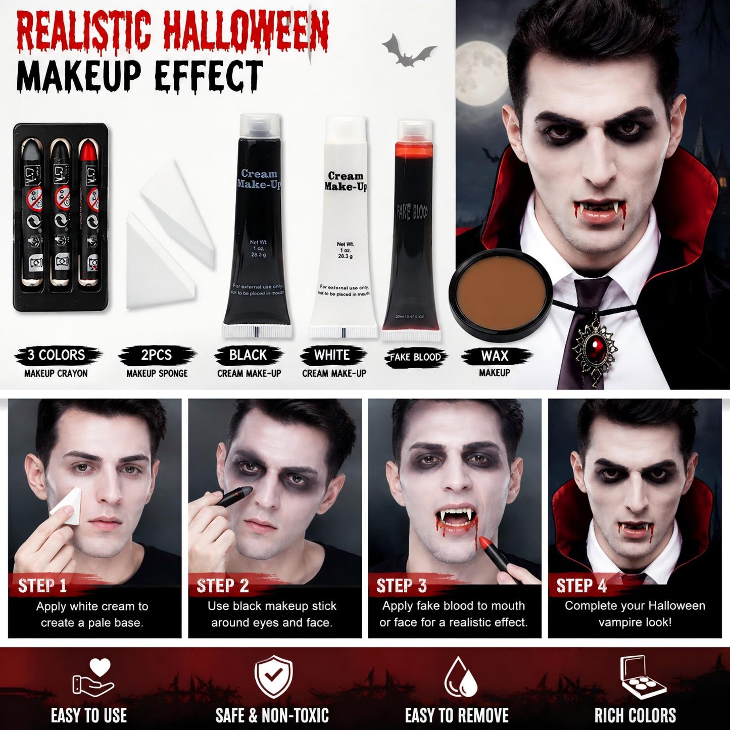 Halloween Makeup Set, Black + White Face & Body Paint, Scar Wax SFX Makeup Kit Washable Fake Blood, Halloween Face Body Paint Oil Sfx Makeup Set, for Halloween Cosplay, Fancy Dress Festivals
