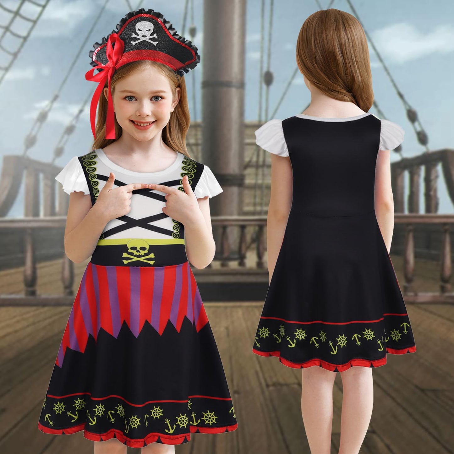 Berich Kids Pirate Fancy Dress Up Halloween Costumes for Girls World Book Day Outfit Therm Party Role Play Dress Up Pirate Accessories Sword Eye Patch Hat Girls Costume 5-6 Years, Size 130, Black