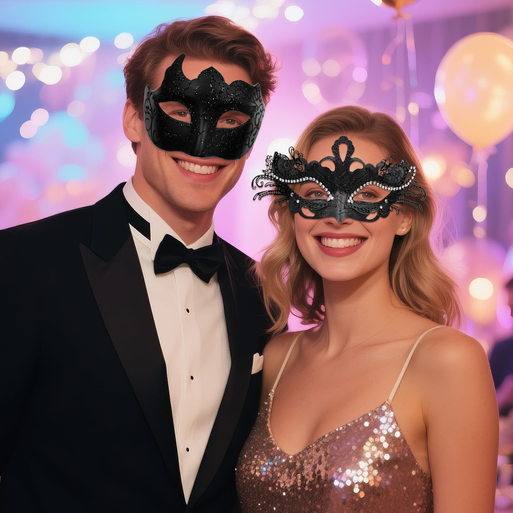 Masquerade Mask Couples Set: Black Rhinestones Metal Cosplay (image 2)