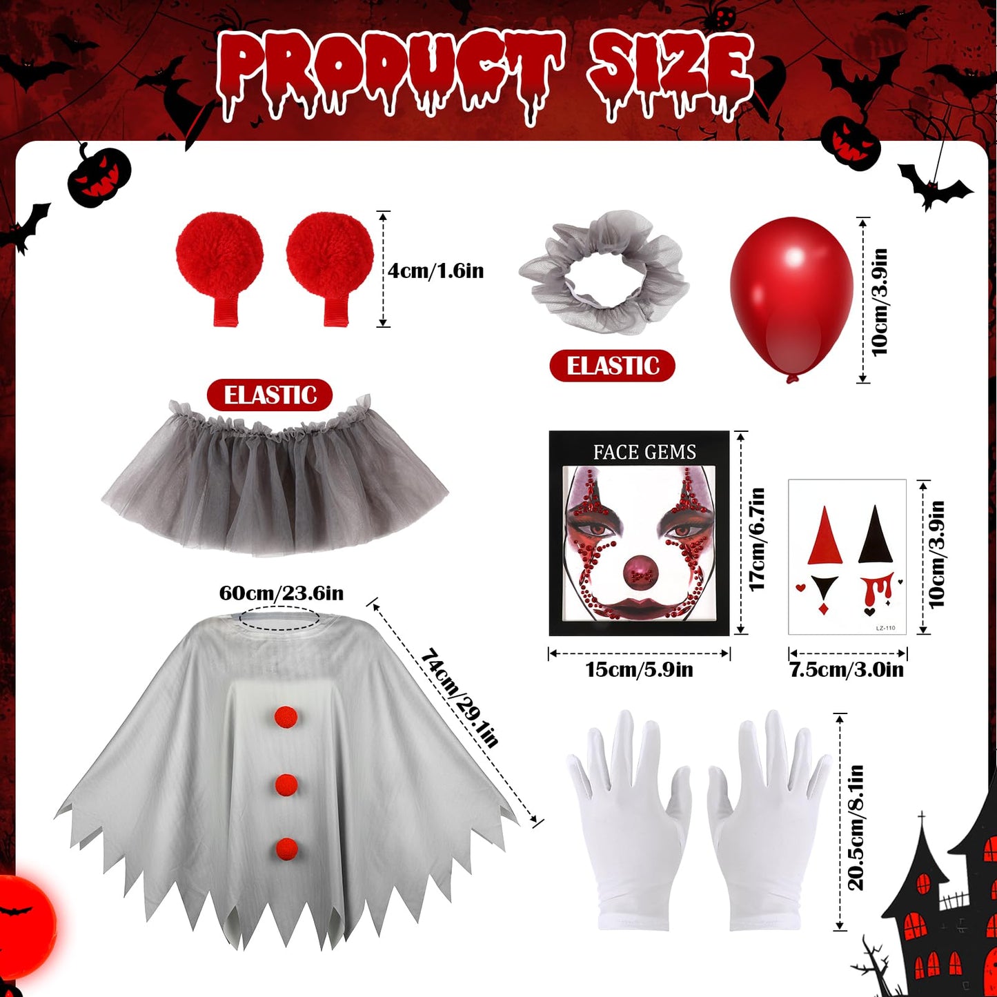 Beipegin Scary Clown Costume for Adults,Clown Poncho Face Gems Gloves Hairclip Joker Costume Terrifier Dress Up Carnival Halloween
