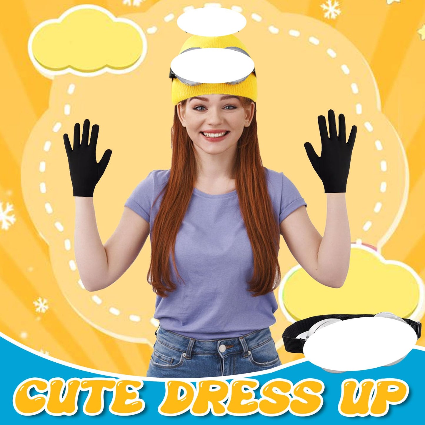 4 Pcs Adults Cosplay Costume Accessories with Yellow Beanie Knit Hat Black Gloves Grey Steampunk Goggles Glasses Blue Shoulder Strap for Halloween Cosplay Party World Book Day Dress up Outfits