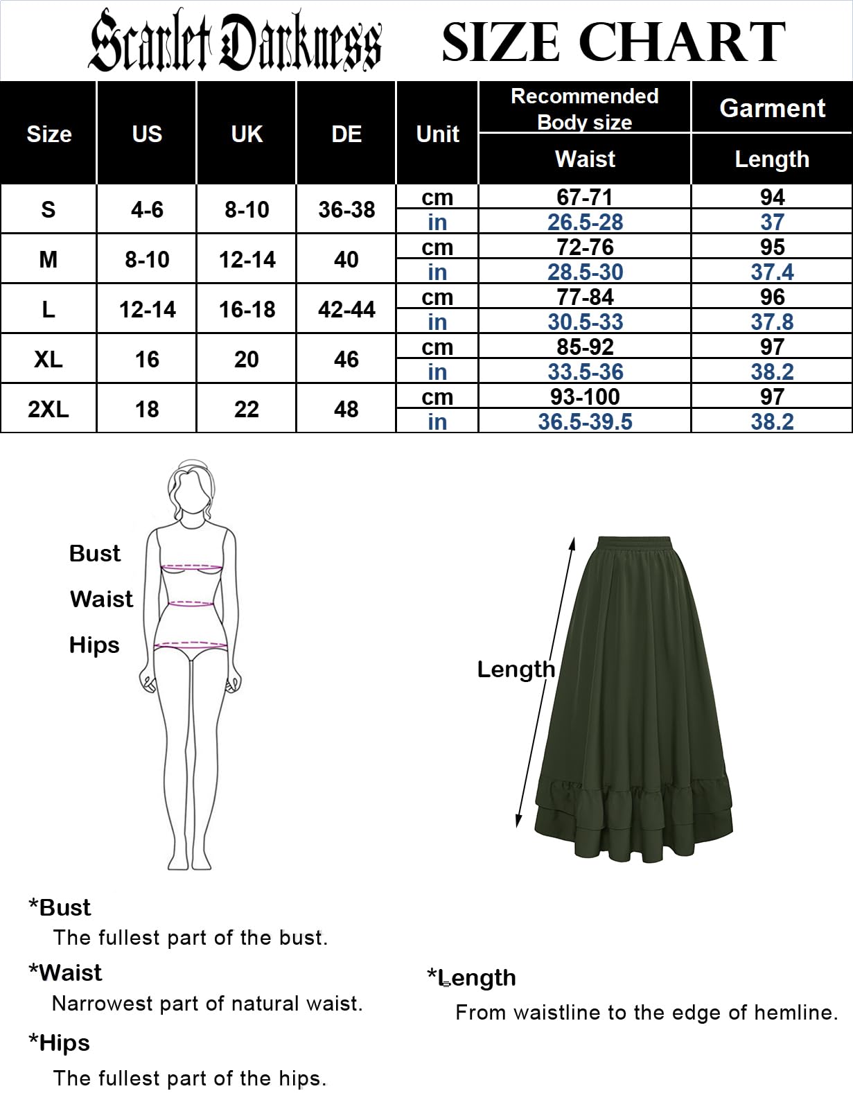 SCARLET DARKNESS Women Medieval Long Skirt Elastic Wasit A-Line Maxi Skirt Gothic Seatmpunk Costume Skirts Plus Size Black XXL