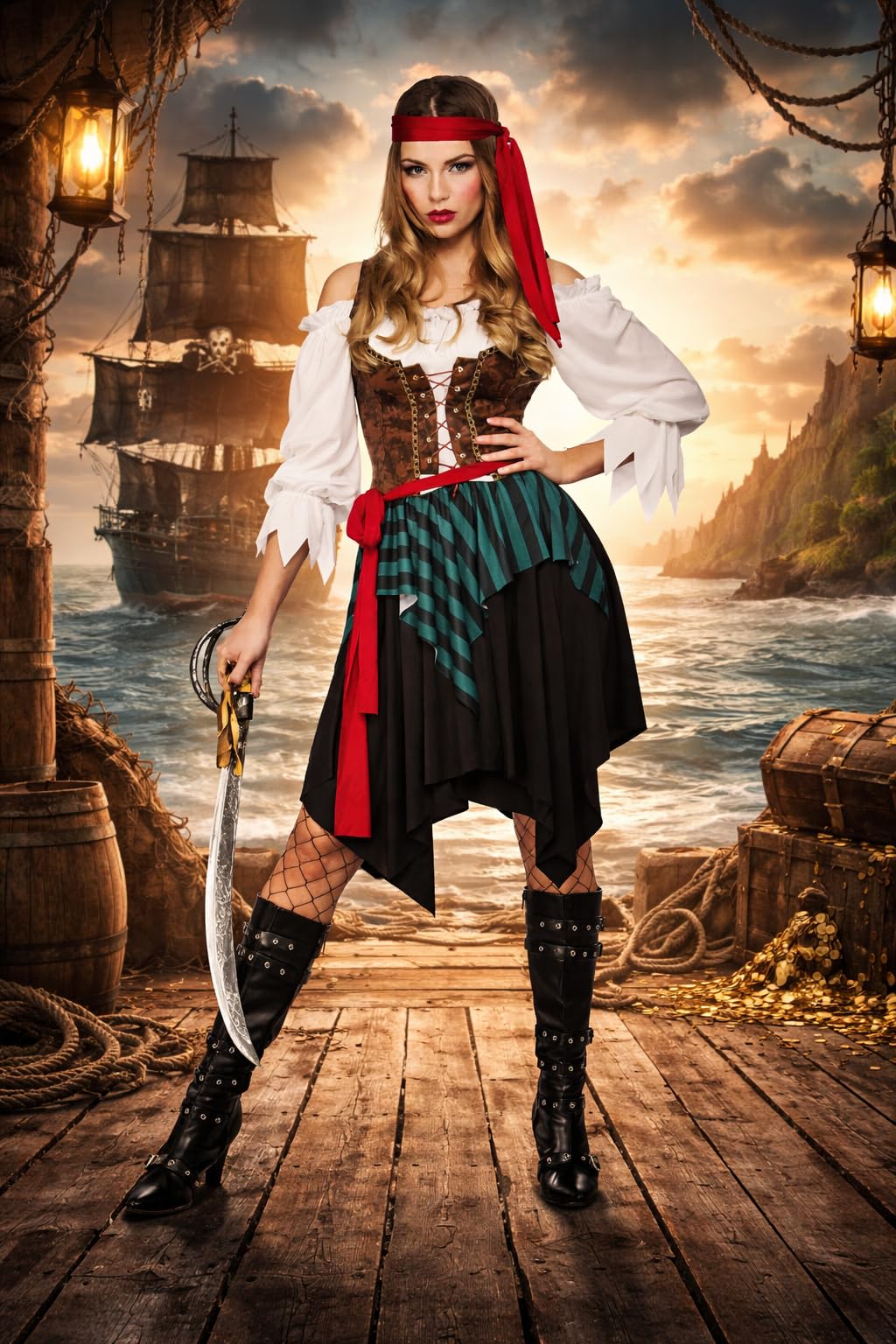 Wicked Costumes Adult Womens Caribbean Pirate Fancy Dress Costume – Swashbuckler Buccaneer Halloween Outfit – Medium (UK 14-16)