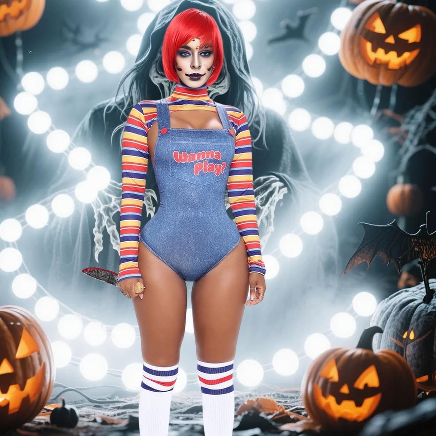 HarnyLoom Chucky Costume Women, Chucky Scary Costumes for Adult Girls Tops Overalls Killer Bloody Outfit Halloween Party Fancy Dress (M)
