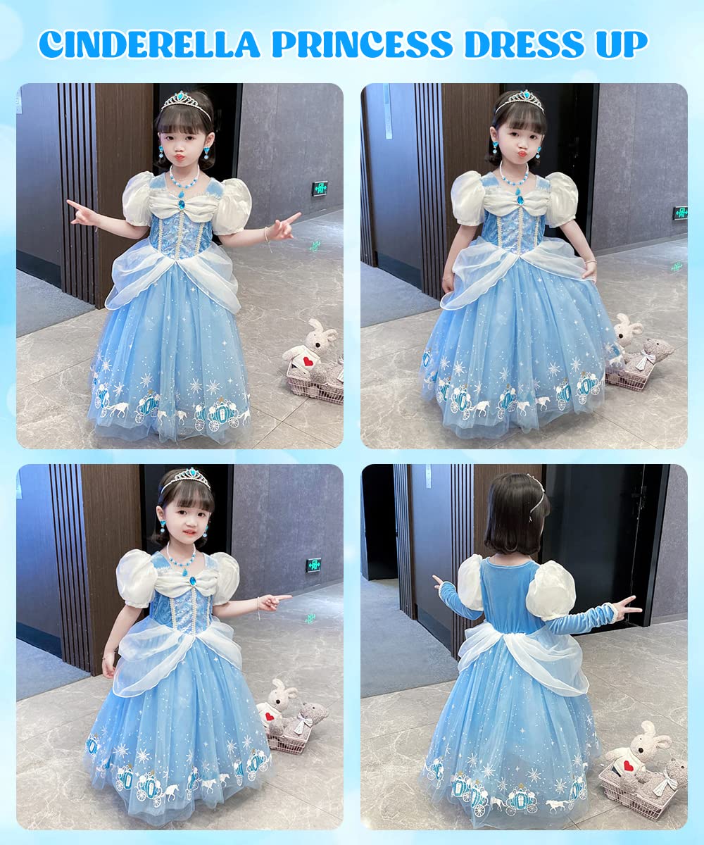 Princess Costumes for Girls, Cinderella Dress Up for Girls with Crown Fairy Wand Necklace Sets, Cinderella Princess Dress Long Skirt, Kids Fancy Dress for Carnival Party Bridesmaid Cosplay (A, 120)
