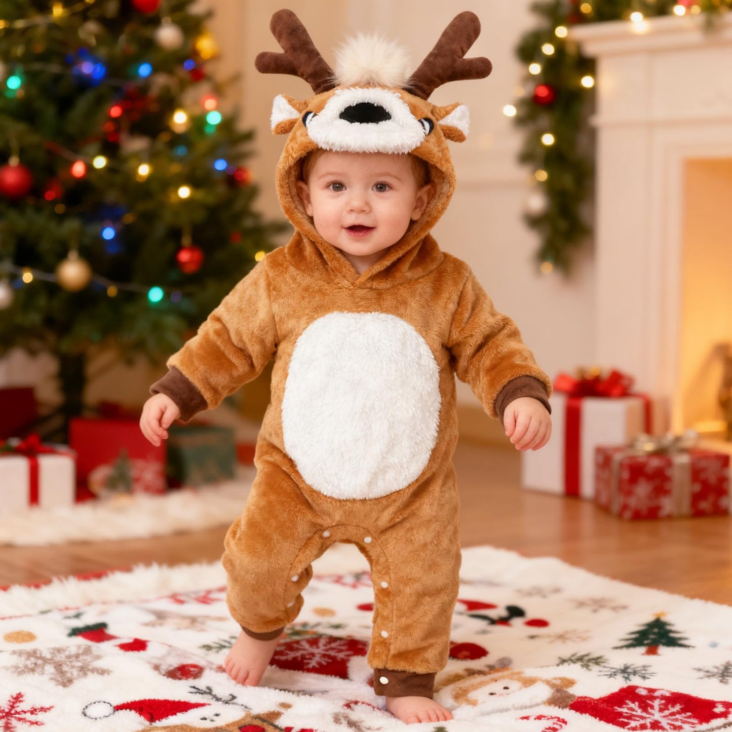 Beipegin Baby Deer Costume Boys Girls Infant Animal Romper Jumpsuit Newborn Hooded Flannel Reindeer Onesie Baby Christmas Halloween Costume