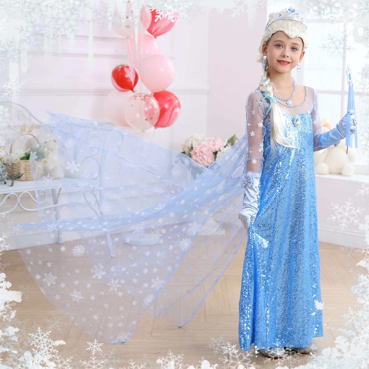Tyidalin Princess Elsa Dress Snow Queen Costume for Girls with Cape Party Halloween Cosplay, Blue, 6-7 Years(Tag 140)