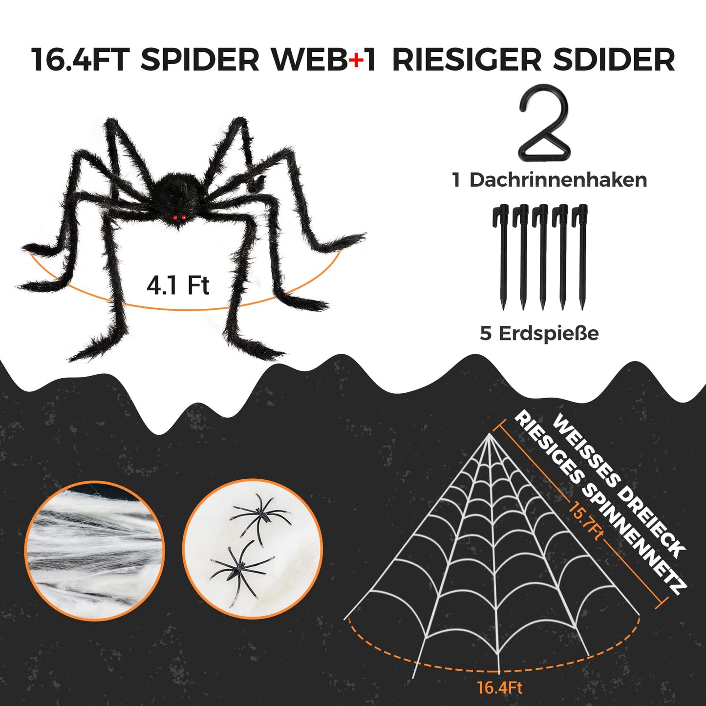 BOSONER Halloween Decorations, 1Pcs 50'' Giant Spider + 200” Triangular Spider Web, with Hook, Stretch Web and Ground Stakes for Indoor Outdoor Halloween Decor Haunted House Props
