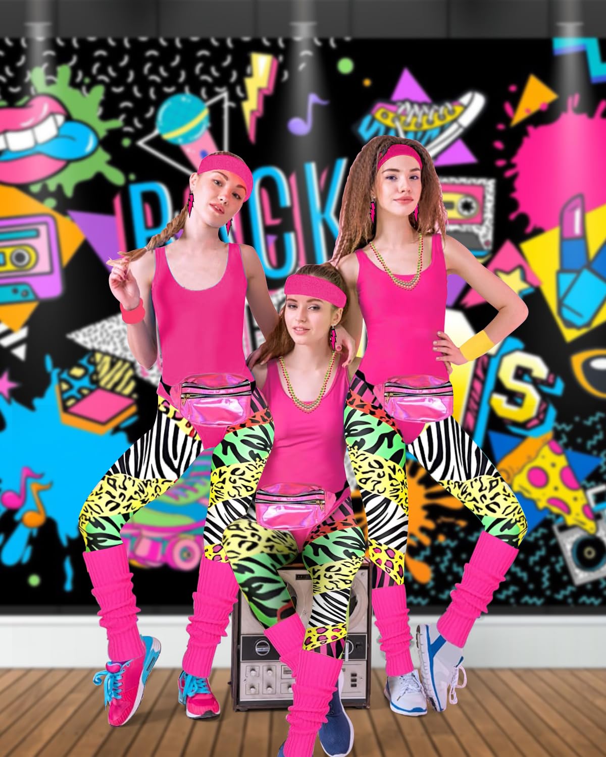 80s Costume Outfits Accessories Set for Girls, 80s Fancy Dress For Women, 1980s Fancy Dress Party Kits with Headband Earring Leg Warmers Headband for 1980 Retro Parties Hen Do Parties Ladies(M)