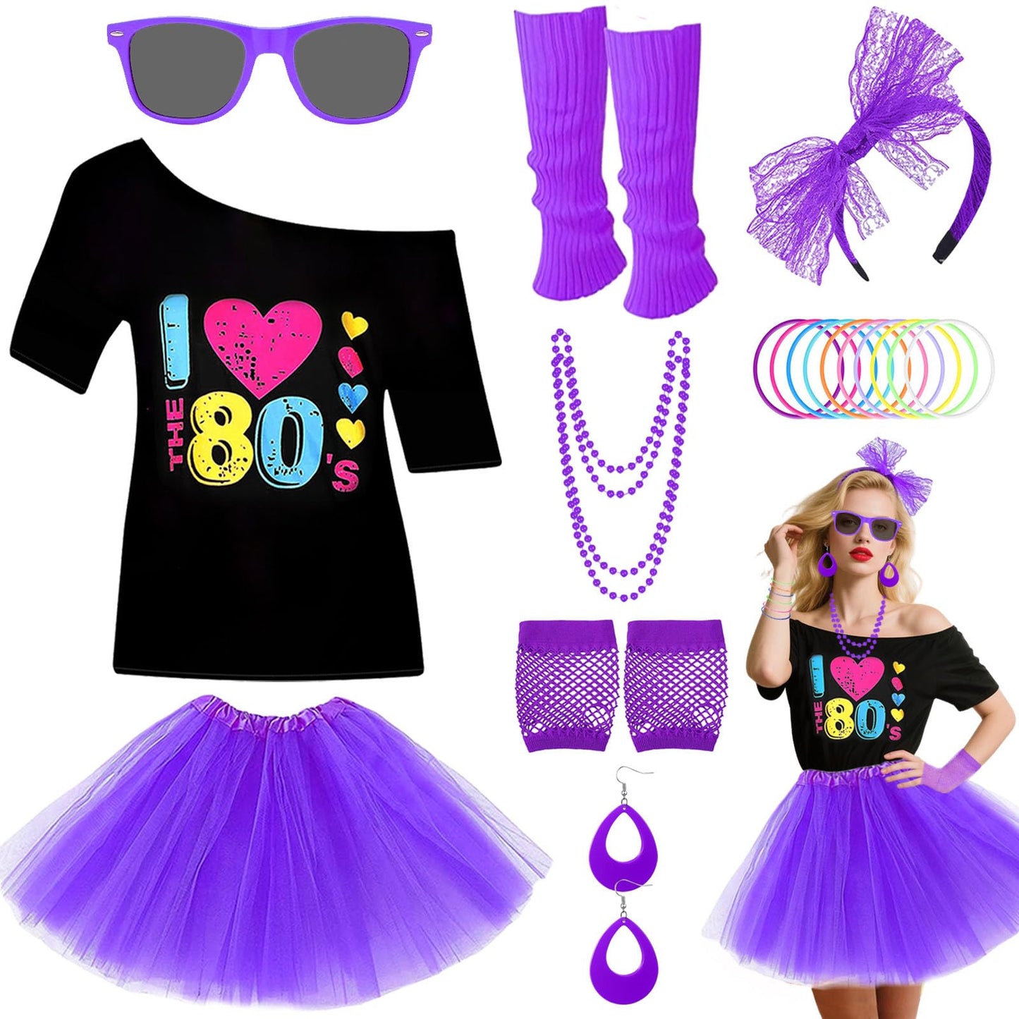 80s Costume Accessories Set for Women, 1980s Neon Party Kit with T-shirt Tutu Skirt Headband Earring Necklace Glasses Bracelet Fishnet Gloves Leg Warmers for 80s Retro Party Dress up (Purple, XXL)