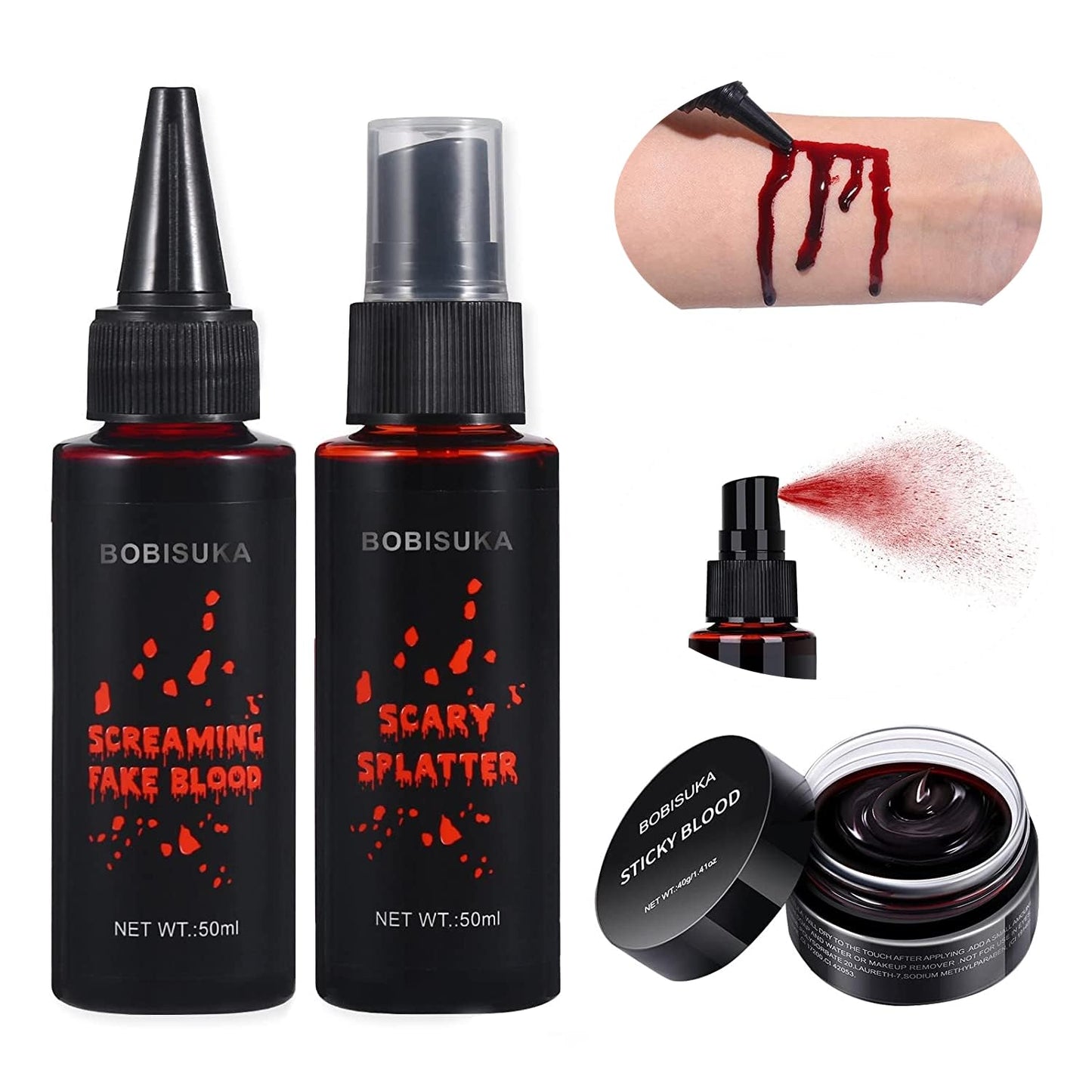 BOBISUKA Halloween Fake Blood Makeup Kit - Realistic Washable Special Effects SFX Makeup Coagulated Blood + Dripping Blood + Spray For Zombie Vampire Monster Cosplay Mouth Clothes Dress Up