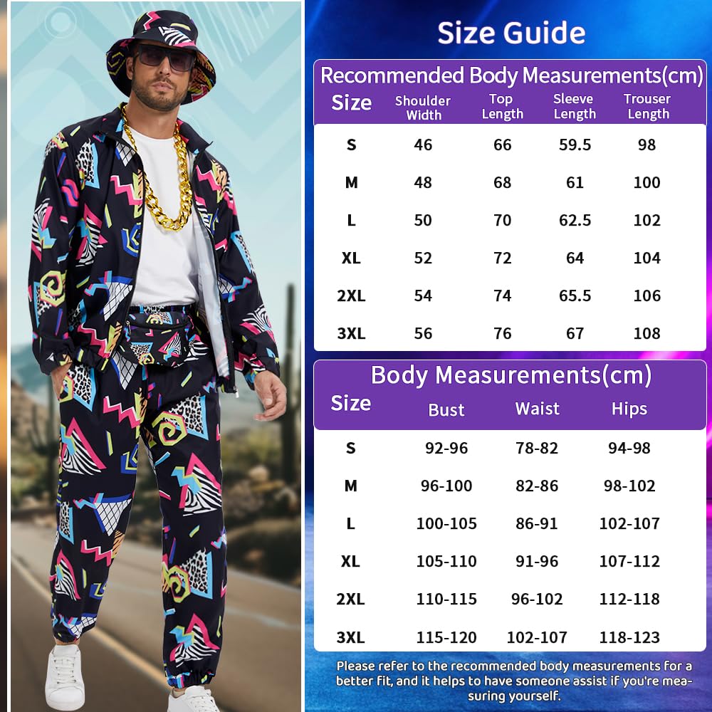 YQVGFBY 80s Outfit Men's 90s Retro Tracksuit Halloween Carnival Costume Jogging Suit Sports Suit Badass Costumes 8pcs (Black, XXL)