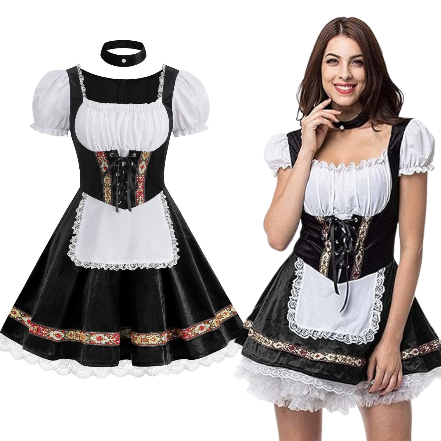 maxToonrain Oktoberfest Outfit Women Puff Sleeve Velvet Bavarian Beer Maid Dress with Foral Embroidery, Lace Trim, Apron & Choker for Halloween, Themed Parties & Beer Festivals (Black, L)