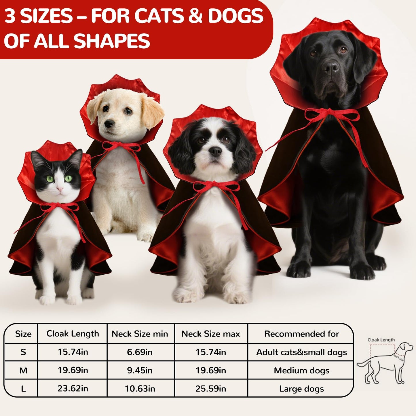 Halloween Pet Vampire Cape Adjustable Red & Black Fancy Dress