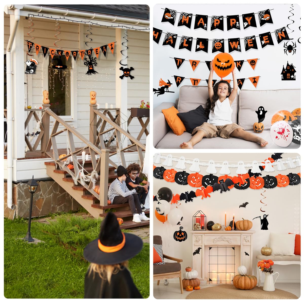 AMLOOPH Halloween Decorations Reusable Indoor Set - Happy Halloween Banner, Hanging Pumpkin, Bat, Ghosts Bunting Garland, Trick or Treat Sign and Spooky Hanging for Party Decorations