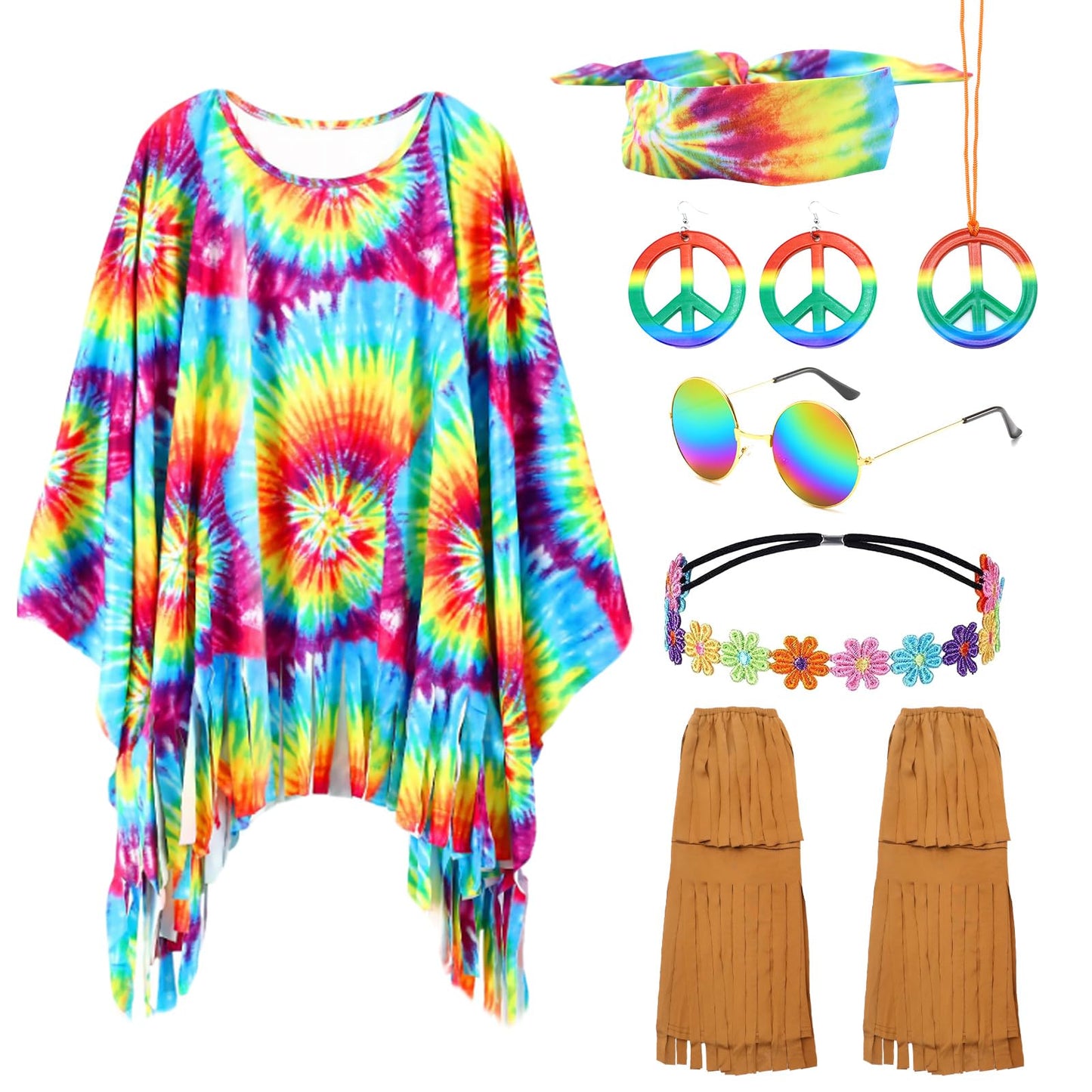 70s Fancy Dress Women Disco Hippie Costume Outfits 7 Pieces Accessories Set Fringe Leg Warmers Boho Headband Necklace Earrings Sunglasses for Party Halloween, bandhnu