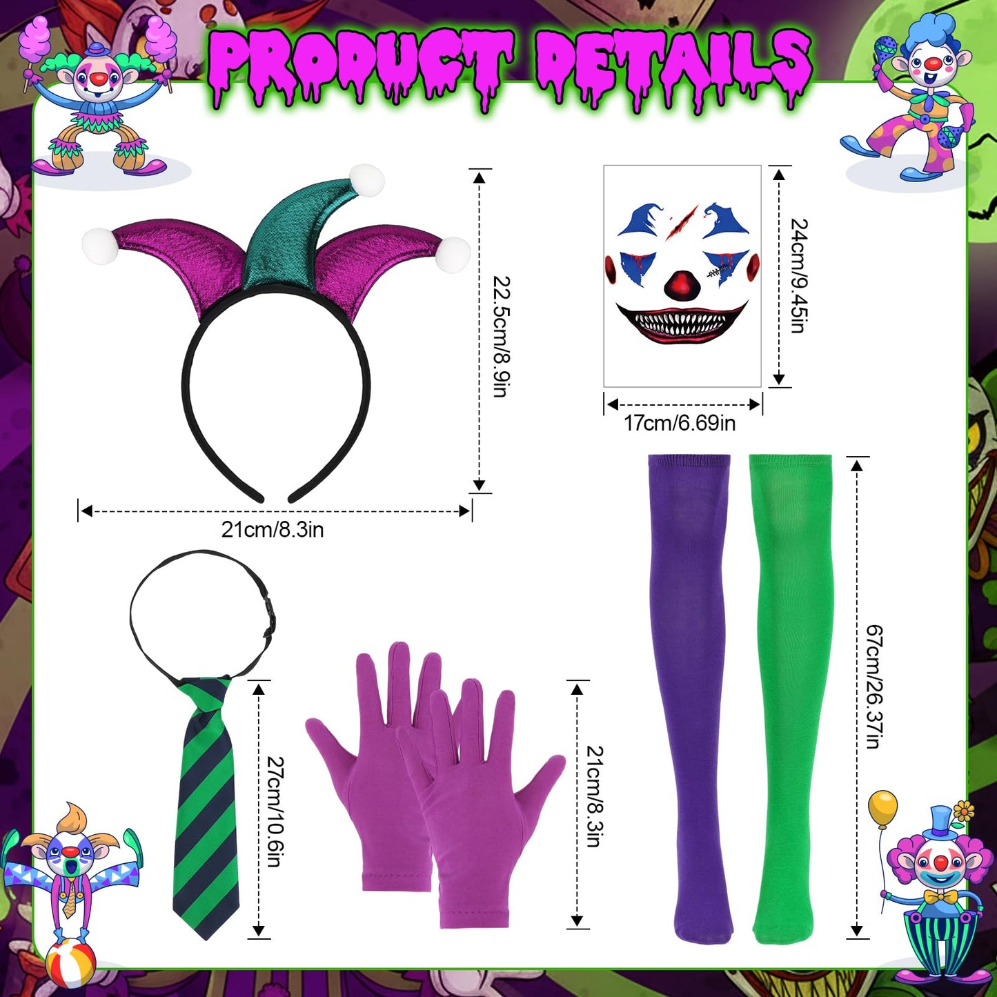 6 PCS Halloween Clown Costume Women, Joker Outfit - Clown Headband Face Tattoos Tie Gloves Knee High Socks Tutu Skirt, Harlequin Jester Joker Costume Women Accessories for Halloween Carnival Cosplay