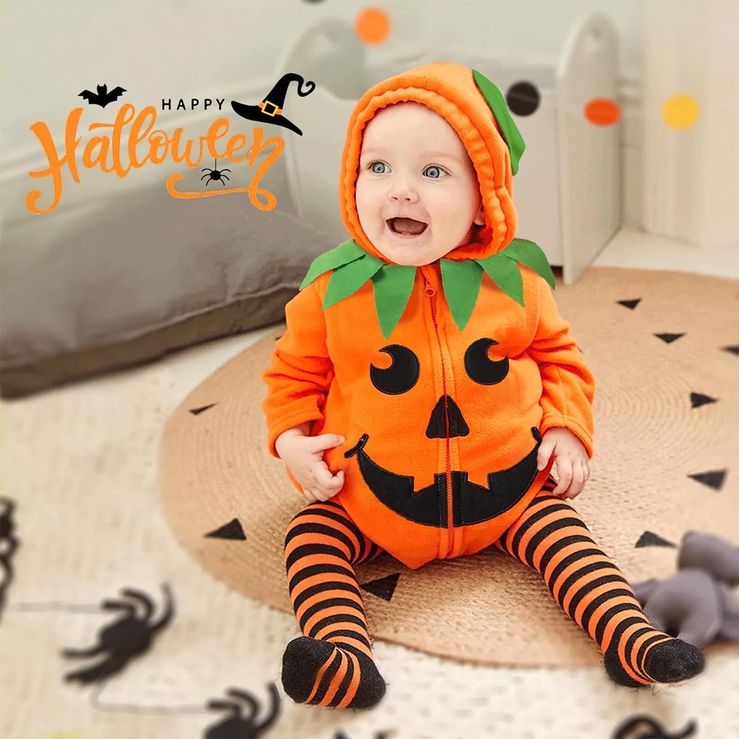 TenhCreek Baby Pumpkin Costume, Long Sleeve Baby Girls Boys Pumpkin Outfit, Soft Fleece Infant Pumpkins Outfit, Hooded Babys Pumpkins Costumes with Footed Pants Set, Babies Halloween Clothes (0-18M)