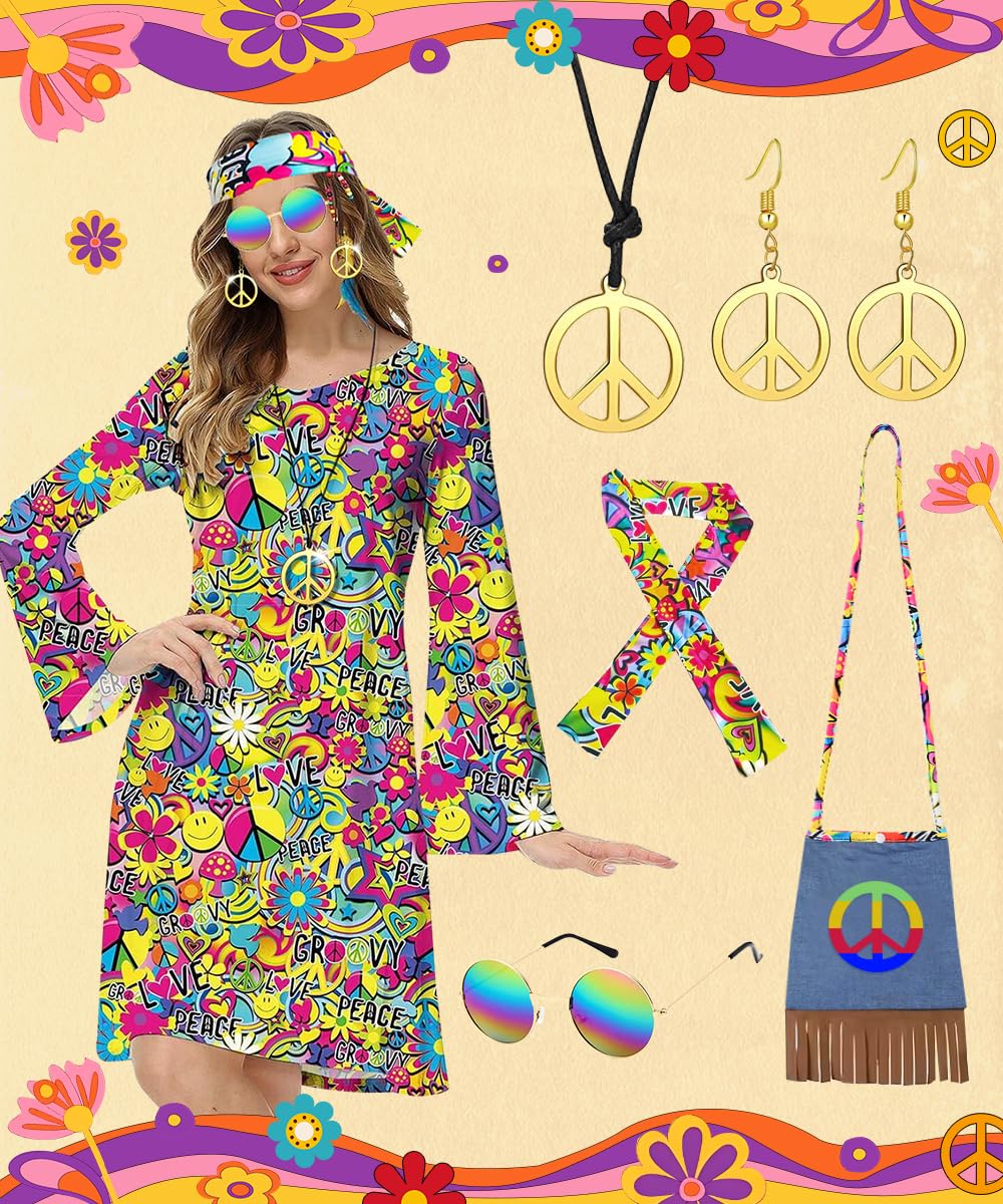 70s Fancy Dress Women - Hippie Costume Dress with Boho Headband Bag (image 7)