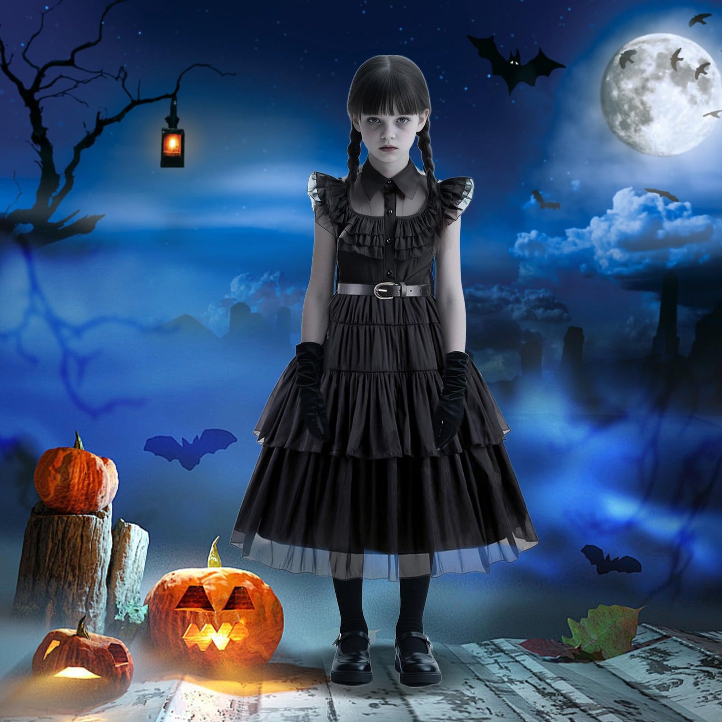 Carreuty 8 Pcs Black Princess Costume Dress Girls Sets, Black Family Dress up Outfits for Kids with Wigs Gloves Socks Hair Bands Tattoos, Gothic School Fancy Dress for World Book Day Halloween