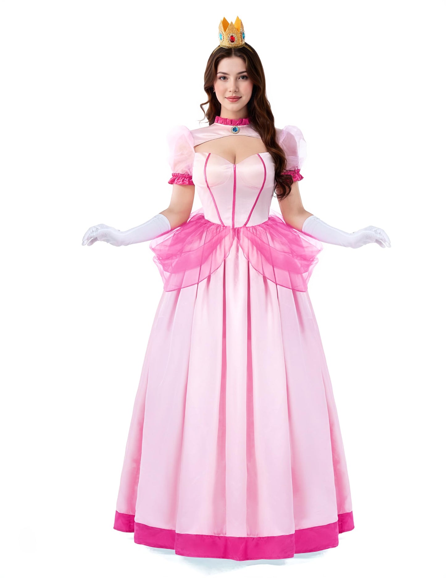 Women Peach Pink Dress Costume with Gloves and Crown - Princess