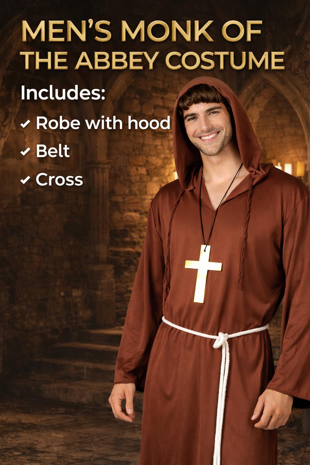 Wicked Costumes Adult Mens Monk Costume Fancy Dress – Medieval Religious Halloween Party Outfit - Medium
