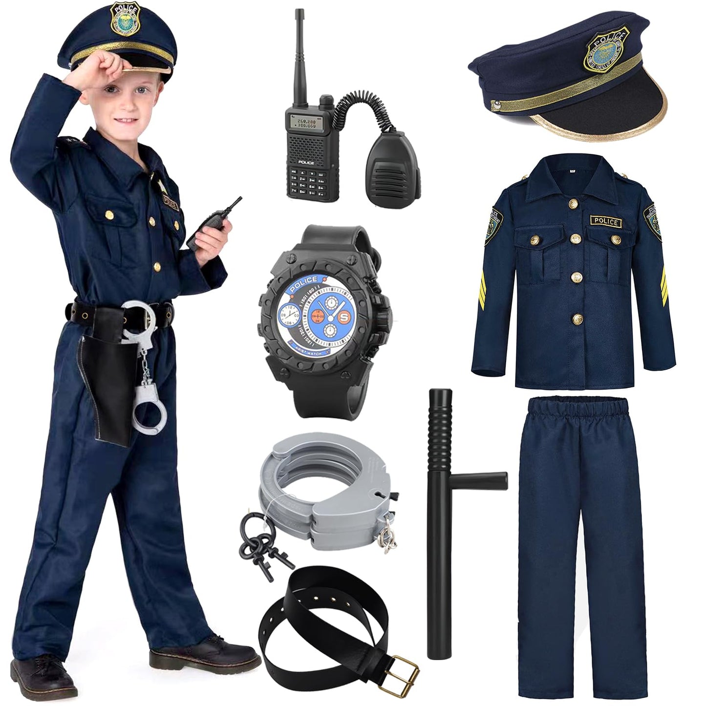 Amtum Police Costume Kids Policeman Uniform Kids Police Officer Costume With Cop Pretend Play Accessories For Halloween Dress Up Set Role Play Officer,Blue-XS