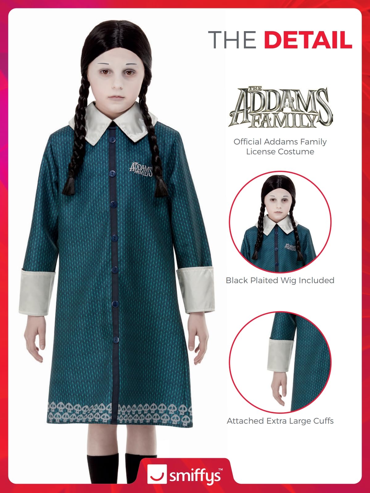 Smiffys The Addams Family Wednesday Costume for Kids, Blue Dress with Skull Pattern and Black Wig, Officially Licensed Wednesday Addams Costume, Ideal for Halloween Parties