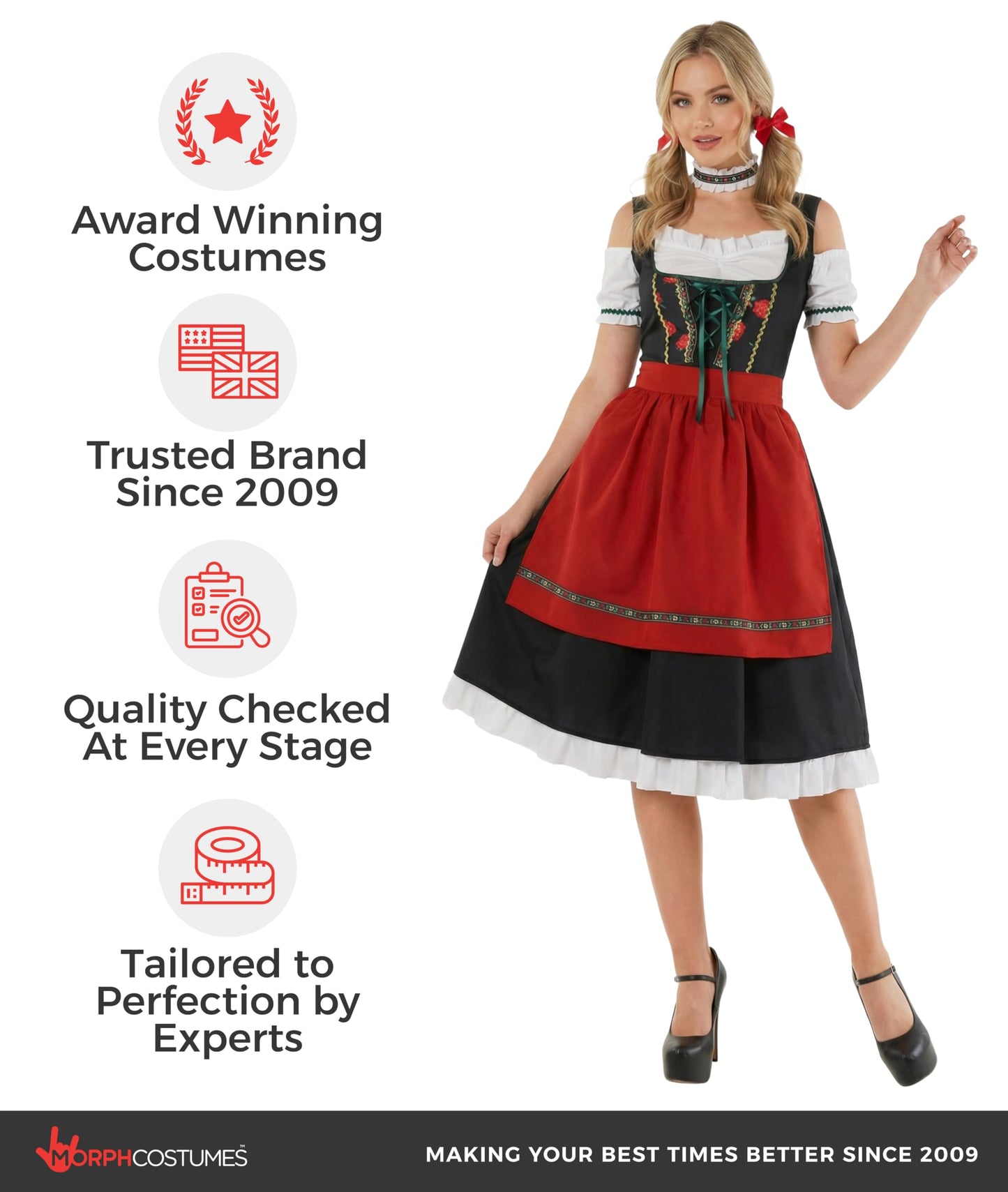 Morph Oktoberfest Costume Women - Bavarian Dirndl Dress with Apron for October Festival Fancy Dress Party, Large